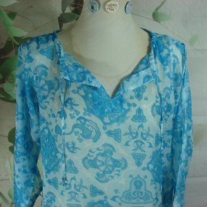 Sheer Blue Tones Open Long Sleeve Boho Mehndi Style Floral Side Slit Cover Up